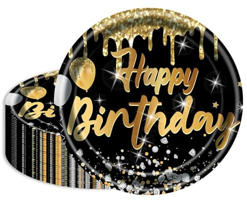 HFBOBP 50 Stück Happy Birthday Pappteller,17,8cm Geburtstag Schwarz-goldene Pappteller Einweg Deko Partygeschirr für Geburtstag, Hochzeit, Abschlussfeier Jubiläums