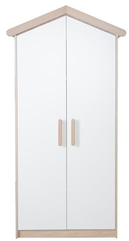 roba Kinderkleiderschrank 2-türig Cabane in Hausoptik - Hochwertige Griffe aus massivem Holz - Schrank für Kinderzimmer in Weiß/Eichen-Dekor