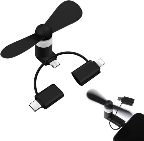 Ventole per Telefoni, Mini Ventilatore Portatile 3 in 1 USB per Casa, per Telefoni Android/USB di Tipo C, Nero