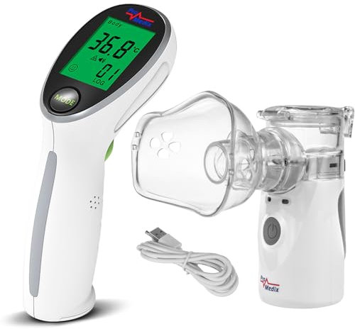 ProMedix Tragbarer Inhalationsgerät für Kinder und Erwachsene Geräuscharmer Inhalator Vernebler Zwei Masken Mundstück USB oder Batteriebetrieben (Inhalationsgerät + Infrarot-Thermometer)