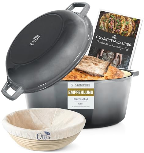 Ottia Gusseisen Topf brot backen [inkl. Gärkorb] - Emaille Topf 26cm - Dutch Oven, Brotbackform, Brotbacktopf, Schmortopf Bräter mit Deckel, Bratentopf - auch für Induktion | Händler aus Hamburg
