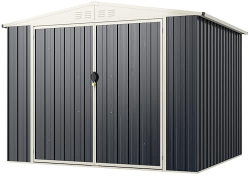 GOPLUS 4,5m² Abri de Jardin Métal Galvanisé, 246 x 193 x 180 cm, Résistant au Intempérie, 7,5m³ Cabane de Jardin Exterieur à Outil avec Porte Verrouillable, Toit Incliné, Idéal pour Outils, Gris