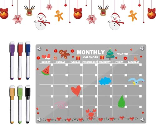 Magnetic Dry Erase Board – Acryl Magnet Month Planner Board, Writable with 6 Marker Pens, Magnetic Whiteboard, Acryl Monthly Planner for Dorm Kühlschrank Kitchen Apartment Teacher
