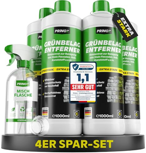 PRINOX® Grünbelagentferner Konzentrat 4x 1000ml inkl. Mischflasche – EXTRA STARK I Moosentferner & Algenentferner für Fassade, Terrasse, Dach, Pflasterstein I Chlorfrei & Säurefrei I Made in DE