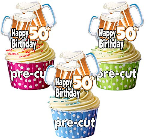 AK Giftshop Happy 50th Birthday Beer Pint Glass Themed - Precut Edible Cupcake Toppers/Cake Decorations - Mens - Ladies - Celebrations - Party (Pack of 12)