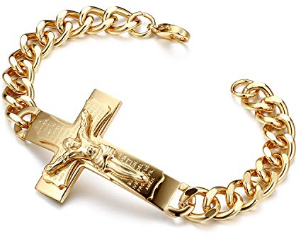 Flongo Herrenarmband Männer Kette Armkette, Edelstahl Rosenkranz Armband Armreif Armkette Panzerkette Englisch Bibel Kreuz Kruzifix Jesus Gold Golden Biker Herren-Accessoires