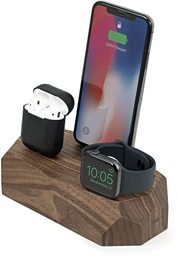 Oakywood - 3in1 Wooden Docking Station compatible with Apple Watch, compatible with iPhone, compatible with AirPods - Charging Station, 2 x Lightning USB-A connector included - Triple Dock - Walnut