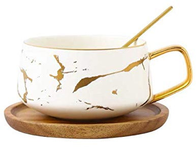 Eplze YBK Tech Porcelain Tea Cup Coffee Mug Set for Afternoon Tea - Marble Pattern (White, Short 300ml + Wood Saucer)