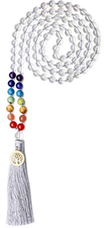 COAI Unisex Handgeknüpft 108 Mala Yoga Kette Gebetskette aus Bergkristall und 7 Chakren mit Quaste und Baum des Lebens Charm
