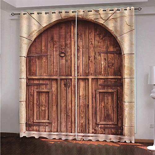 ZXYLSL 3D gedruckt Gardine Vorhänge - Holztür Holzoptik-Braun - Verdunklungsvorhang - Ösen Verdunklungsgardine Polyester Vorhänge für Schlafzimmer 110 x 215cm x2