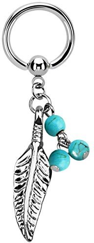 Modern Nature Piercing-Schmuck Intimpiercing Ring BCR 316l Stahl in 1,6 x 8 mm mit Feder Anhänger in hellblau-türkis