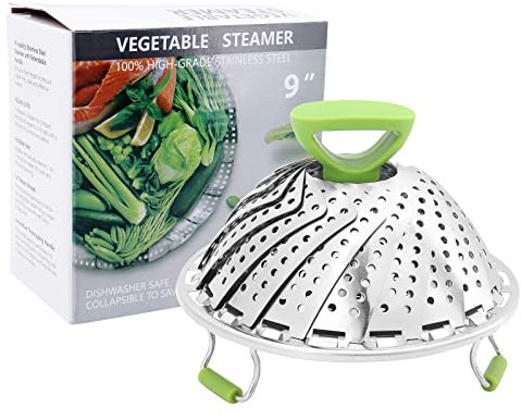 ShawFly Vegetable Steamer Cesta de Vapor Plegable de Acero Inoxidable, Bandeja de Filtro de Agua, con Mango Extensible Anti-Caliente y Patas Antideslizantes