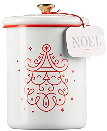 Le Creuset Enamel On Steel Noel Collection Cookie Jar, 4.25 qt. (6.3 x 8.3), White with Cerise Applique and Gold Knob
