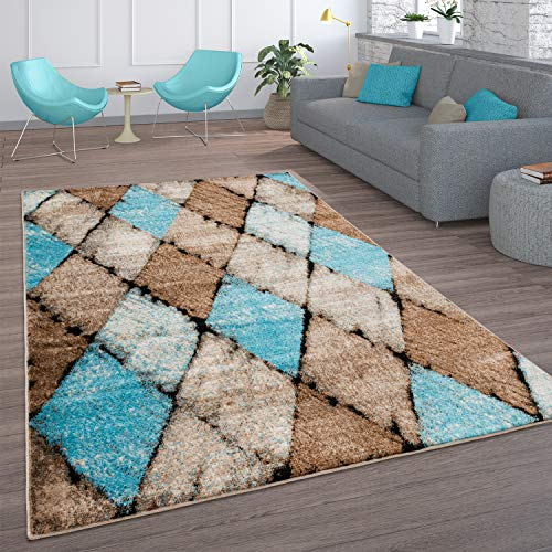 Paco Home Teppich Wohnzimmer Vintage Kurzflor Orientalisch Modern Rautenmuster Geometrisches Design Braun Türkis, Grösse:80x150 cm, Farbe:Beige 2