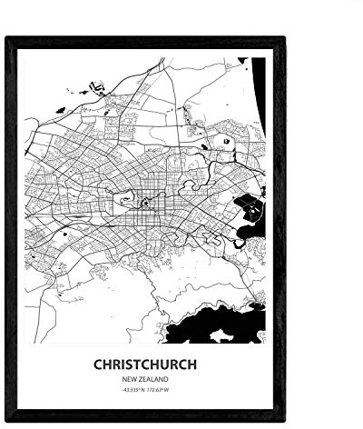 Nacnic Poster mit Christichurch Karte - Neuseeland. Sheets Städte in Australien mit Meeren und Flüssen in schwarzer Farbe. A4-Format