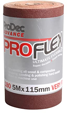 ProDec Advance Rollo de 5m 180 Grit Grado muy fino ProFlex Papel de lija de óxido de aluminio ultra flexible resistente a las grietas para lijar madera, pintura, yeso, masilla, metal y más