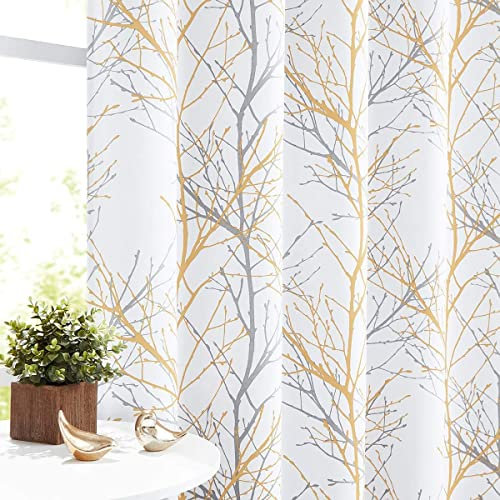 FMFUNCTEX Gelb Grau Blickdichte Vorhänge für Wohnzimmer Gardinen mit Ösen Verdunkelungsvorhänge Baum Zweig Muster Ösenvorhang Thermovorhang für Schlafzimmer 2er Set, 175 x 129 cm (H x B)