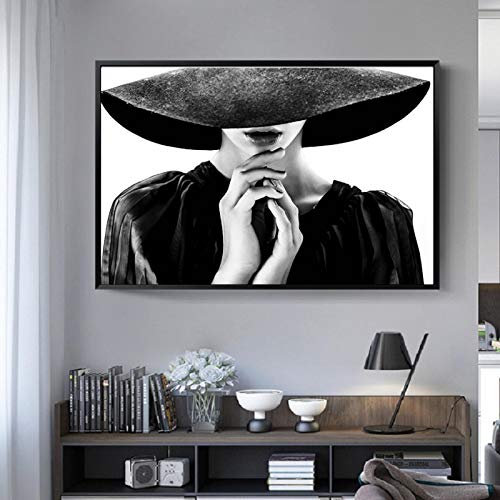 Minimalist mit Hut Frau Leinwand Kunst Gemälde Mädchen Drucke Poster Gerahmt Wohnzimmer Dekoration Schlafzimmer Wandbilder 70x100cm Innenrahmen