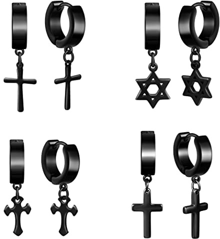 MicVivien 4 Pares Unisex Pendientes de Aro con Colgante de Cruz y Estrella de David, Pendientes Aro Negro Pequeños de Acero Inoxidable de Mujeres Hombres