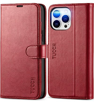 TUCCH Wallet Case for iPhone 13 Pro Max (6.7) 2021 5G, Protective Magnetic PU Leather Flip Case with[Shockproof TPU]RFID Blocking Card Holder Viewing Stand Compatible with iPhone 13 Pro Max, Dark Red