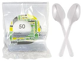 Edenpack Pack of 50 Clear Plastic Teaspoons Reusable Lightweight Tableware Dessert Spoons Heavy Duty Cutlery, ED-41096