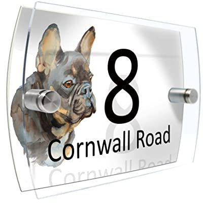 House Number Plaque Sign Door Road Plate for Dog Lovers Personalised Watercolour Print (D405 Black Frenchie)