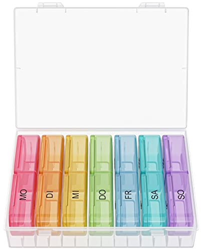 WELLGRO Tablettenbox für 7 Tage - Pillendose je 2 Fächer pro Tag - Klappdeckel mit Druckverschluss - Aufbewahrungsbox - BPA-freier Kunststoff, Farbe:Bunt