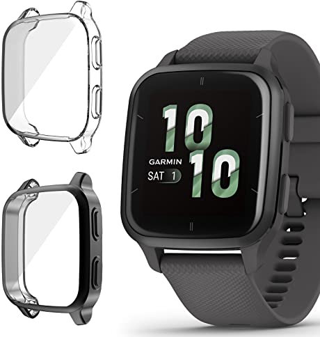SeNool [2-Stück Hülle Kompatibel mit Garmin Venu Sq 2 Schutzhülle Schutzfolie, Soft TPU Slim Stoßfestes Plattierte Displayschutzfolie für Venu Sq 2 Cover- Klar+Schwarz