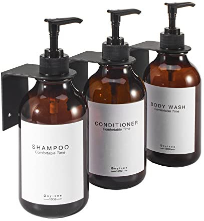 GOYISEE Shampoo- und Conditionerspender für Duschwände, 3 Kammern, nachfüllbare Flaschen mit Wasserdichten Etiketten, Seifenspender mit Pumpen (3 Bottles 3 Wall Mounts-Brown)