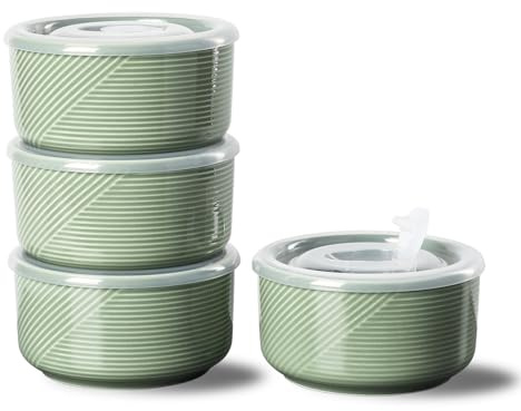 Adewnest Ceramic Bowls with Lids: 20 oz Microwave Safe Food Storage Containers for Soup, Salad, Cereal, Leftovers, Meal Prep, Lunch, Picnic, Camping, Serving - Airtight, Green, Set of 4