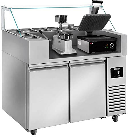 GGM Gastro | ZBF127DN#KGJ13#HMH130 | Zubereitungstisch - 1210mm - 2 Türen - für 9x GN 1/6 - inkl. Kontaktgrill & Hamburgermaschine