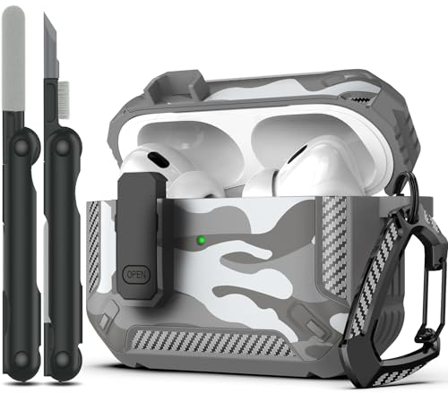 RFUNGUANGO Kompatibel mit Airpod Pro 2 Hülle (2023/2022/2019) mit Reinigungskit, Hartschalen-Schutz Hülle Kompatibel mit Airpods Pro 2./1. Generation (USB-C/Blitzkabel), Grau getarnt