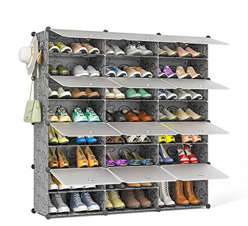 FUNLAX Schuhregal, 8-stufiger Schuhschrank Schuhaufbewahrung für 48 Paar Schuhe, Kunststoff-Schuhregale mit Tür, Schuh Organizer für Flur Schlafzimmer Eingangsbereich, Schwarz