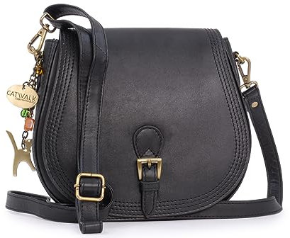 Catwalk Collection Handbags - Damen Leder Umhängetasche - Crossbody Bag/Handtasche Mittelgroß - Verstellbarer Abnehmbarer Gurt - Isabella - Schwarz