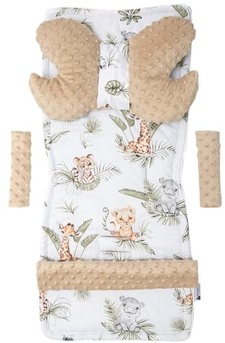 Medi Partners Sitzauflage Kinderwagen Buggy Baby Sommer Kindersitz Einlage Universal - 5tgl Gurtpolster + Spielbogen Kinderwagenset Babyschale (Safari mit beige Minky)