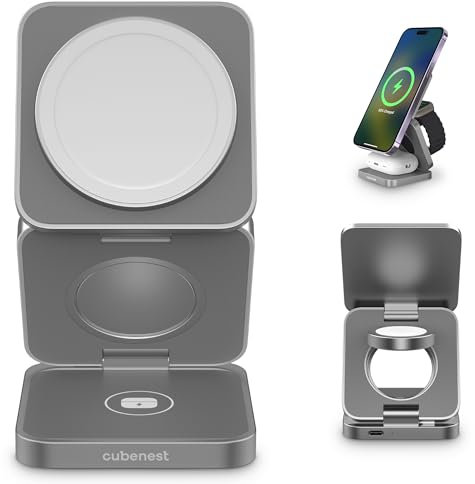 Cubenest 3-in-1 Foldable Aluminium Wireless Charger | Magnetic Wireless Charging Stand (Gray)
