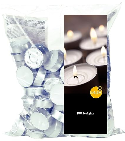Teelichter 1x100 Stück - Brenndauer: 4,5 Std., Rußfrei - für Windlicht, Teelicht-Glas, Duftlampe, Kerzenständer & Kerzenhalter - Weihnachten, Deko, Hochzeit, Party und Gastro