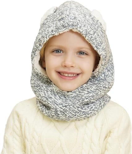 Magracy Baby Kleinkind Kinder Winter Warme Gestrickte Kapuzenmütze für Mädchen Strickmütze Schals mit Ohren (DE/NL/SE/PL, Alter, 3 Jahre, 5 Jahre, Grau)
