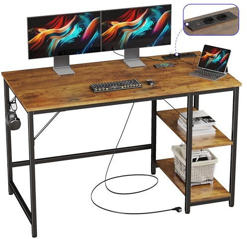 JOISCOPE Ergonomischer Home-Office Schreibtisch mit USB & Type-C Anschluss, 120x60 cm, Eiche Vintage Optik, Multifunktionaler Computertisch für Gaming und Studium, mit Regal