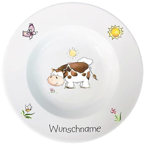 Doriantrade Suppenteller 22cm Kinderteller Teller Porzellan Kuh personalisierbar mit Wunschname Name Kindergeschirr mit Namen personalisiert