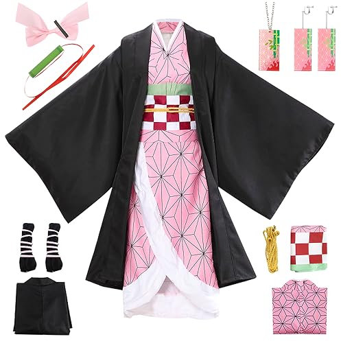 YYDSXK Nezuko Tanjirou Cosplay, Nezuko Tanjirou Kochou Shinobu Mitsuri Kostüm Set, Kimono Cape Ensemble, Geschenk für Kinder, Nezuko Tanjiro Kostüm für Karneval Halloween Weihnachten