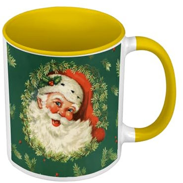 Premium Quality Yellow Mug – Father Christmas Tree Cute Painting Vintage Retro 50's – Mug with Handle and Coloured Interior