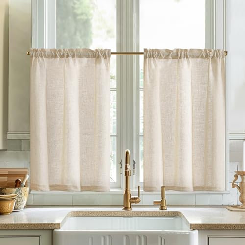 Vangao Einfarbig Scheibengardinen Modern Küche Natur Leinenoptik Gardinen Kurz Bistrogardine 2er Set 65Bx115Hcm Halbtransparent Küchengardinen mit Stangendurchzug Landhaus Wohnwagen Wohnzimmer Beige