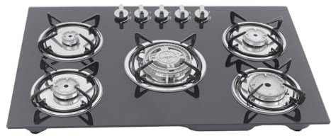 Piano Cottura a Gas a 5 Fiamme, Nero, Piano Cottura a Gas, In Vetro Temperato, Fornello a Gas per Gas Propano E Gas Naturale, Utensili da Cucina