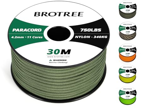 Brotree Paracord 4 mm 750lb Cuerda Nylon 30 M 11 Hebras Tipo IV Cuerda Paracaídas para Supervivencia, Pulseras, Bricolaje - 340 kg Carga de Rotura (Verde Bosque)
