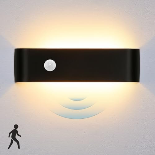 Lightess 16W LED Wandleuchte Innen mit Bewegungsmelder Wandlampe Schwarz Up Down Licht Wandbeleuchtung Warmweiss Treppenhuas Beleuchtung IP44 Flurlampen für Wohnzimmer Schlafzimmer Flur aus Aluminium