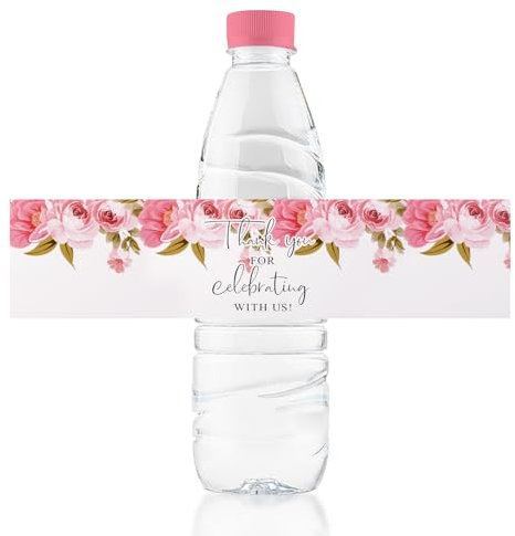 URROMA Wedding Water Bottle Labels Thank You, 50 Pcs Pink Rose Flower Water Bottle Wraps Floral Wraparound Labels Water Bottle Stickers for Birthday Bride Shower