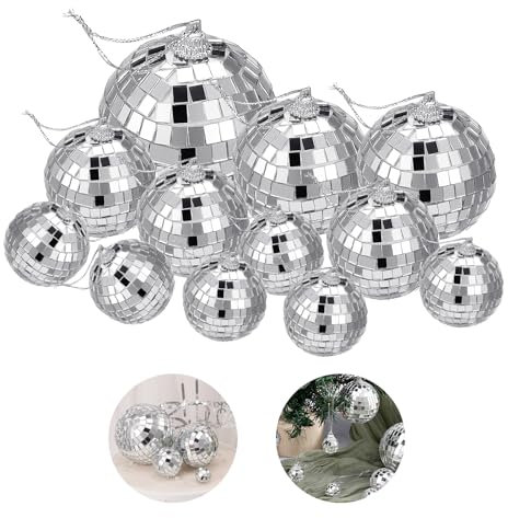 Lvefyti 12 Stück Disco Spiegel Ball, Silber Hängekugel Discokugel Spiegelkugel, Disko Mirrorball für Weihnachtsbaum Dekoration, Hochzeit, Geburtstagsfeier Lichteffekt (2/4/6/8 cm)