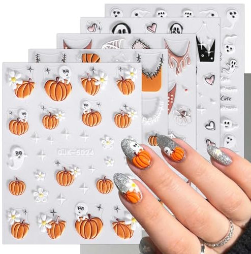 3D Halloween Nail Stickers, 6 Sheets 5D Self-Adhesive Embossed Nail Decal Ghosts Pumpkin Nail Art Decoration Design Supplies