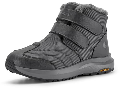 FitVille Mens Extra Wide Snow Winter Boots, Fur Lining Outdoor Boots Lightweight Waterproof Insulated Easy On&Off Wide 10 UK Dark Grey